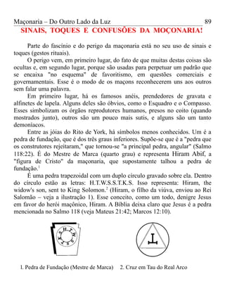 Maçonaria – Do Outro Lado da Luz
SINAIS, TOQUES E CONFUSÕES DA MOÇONARIA!
Parte do fascínio e do perigo da maçonaria está no seu uso de sinais e
toques (gestos rituais).
O perigo vem, em primeiro lugar, do fato de que muitas destas coisas são
ocultas e, em segundo lugar, porque são usadas para perpetuar um padrão que
se encaixa "no esquema" de favoritismo, em questões comerciais e
governamentais. Esse é o modo de os maçons reconhecerem uns aos outros
sem falar uma palavra.
Em primeiro lugar, há os famosos anéis, prendedores de gravata e
alfinetes de lapela. Alguns deles são óbvios, como o Esquadro e o Compasso.
Esses simbolizam os órgãos reprodutores humanos, presos no coito (quando
mostrados junto), outros são um pouco mais sutis, e alguns são um tanto
demoníacos.
Entre as jóias do Rito de York, há símbolos menos conhecidos. Um é a
pedra de fundação, que é dos três graus inferiores. Supõe-se que é a "pedra que
os construtores rejeitaram," que tornou-se "a principal pedra, angular" (Salmo
118:22). É do Mestre de Marca (quarto grau) e representa Hiram Abif, a
"figura de Cristo" da maçonaria, que supostamente talhou a pedra de
fundação.1
É uma pedra trapezoidal com um duplo círculo gravado sobre ela. Dentro
do círculo estão as letras: H.T.W.S.S.T.K.S. Isso representa: Hiram, the
widow's son, sent to King Solomon.2
(Hiram, o filho da viúva, enviou ao Rei
Salomão – veja a ilustração 1). Esse conceito, como um todo, denigre Jesus
em favor do herói maçônico, Hiram. A Bíblia deixa claro que Jesus é a pedra
mencionada no Salmo 118 (veja Mateus 21:42; Marcos 12:10).
l. Pedra de Fundação (Mestre de Marca) 2. Cruz em Tau do Real Arco
89
 