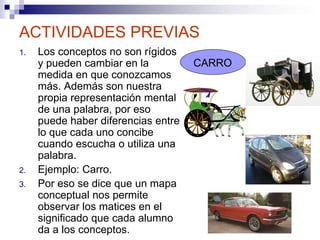 ACTIVIDADES PREVIAS
1.   Los conceptos no son rígidos
     y pueden cambiar en la          CARRO
     medida en que conozcamos
     más. Además son nuestra
     propia representación mental
     de una palabra, por eso
     puede haber diferencias entre
     lo que cada uno concibe
     cuando escucha o utiliza una
     palabra.
2.   Ejemplo: Carro.
3.   Por eso se dice que un mapa
     conceptual nos permite
     observar los matices en el
     significado que cada alumno
     da a los conceptos.
 