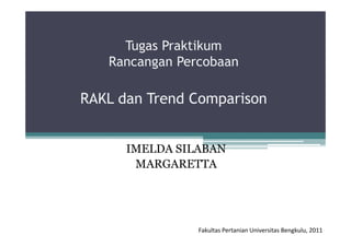 Tugas Praktikum
   Rancangan Percobaan
         g

RAKL d T d Comparison
     dan Trend C i


     IMELDA SILABAN
      MARGARETTA




                Fakultas Pertanian Universitas Bengkulu, 2011
 