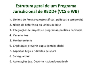 Estrutura geral de um Programa Jurisdicional REDD+ (VCS e WB) 
Jurisdicional de REDD+ (VCS e WB) 
1.Limites do Programa (geográficos, politicos e temporais) 
2.Níveis de Referência ou Linhas de base 
3.Integração: de projetos e programas/politicas nacionais 
4.Vazamentos 
5.Monitoramento 
6.Creditação: prevenir dupla contabilidade) 
7.Aspectos Legais (“direitos de uso”) 
8.Salvaguardas 
9.Aprovações (ex. Governo nacional/estadual)  