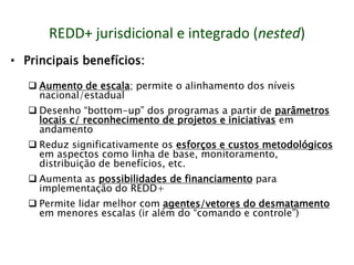 REDD+ jurisdicional e integrado (nested) 
nested) 
•Principais benefícios: 
Aumento de escala; permite o alinhamento dos níveis nacional/estadual 
Desenho “bottom-up” dos programas a partir de parâmetros locais c/ reconhecimento de projetos e iniciativas em andamento 
Reduz significativamente os esforços e custos metodológicos em aspectos como linha de base, monitoramento, distribuição de benefícios, etc. 
Aumenta as possibilidades de financiamento para implementação do REDD+ 
Permite lidar melhor com agentes/vetores do desmatamento em menores escalas (ir além do “comando e controle”)  