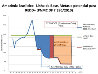 Desmatamento histórico 
1996-2010 (km2) 
Linha de Base PNMC 
Metas PNMC 2006-2020 (km2) 
96 97 98 99 00 01 02 03 04 05 06 07 08 09 10 11 12 13 14 15 16 17 18 19 20 
Reduções de Emissões 
9.315.329.722 tCO2 
5000 
10000 
15000 
20000 
25000 
0 
30000 
Amazônia Brasileira: Linha de Base, Metas e potencial para REDD+ (PNMC DF 7.390/2010) 
Anos 
Desmatamento (Km2) 4.217.660.922 tCO2 (2006 – 2013) 
272 MtCO2 (Fundo Amazônia) 7,5%  