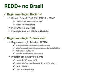 REDD+ no Brasil 
Regulamentação Nacional 
Decreto Federal 7.390 (09/12/2010) – PNMC 
~ 36% - 39% meta RE para 2020 
Planos Setoriais: MBRE 
PL 195/2011 e 212/2011 
Estratégia Nacional REDD+ e GTs (MMA) 
Regulamentação Subnacional 
Regulamentação Estadual REDD+: 
Sistema Serviços Ambientais Acre (Aprovado) 
Lei de Serviços Ambientais do Amazonas (Consulta Pública) 
Mato Grosso (Aprovado) 
Amapá e Rondônia (em construção) 
Projetos em desenvolvimento 
Projeto REDD Juma (CCB) 
Projeto de Carbono Florestal Suruí (VCS e CCB) 
CIKEL (privado) 
Santa Maria (privado)  
