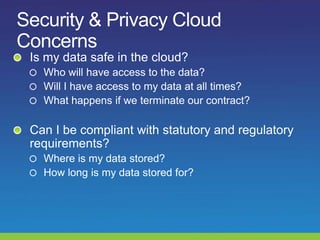 Security & Privacy Cloud ConcernsIs my data safe in the cloud?Who will have access to the data?Will I have access to my data at all times?What happens if we terminate our contract?Can I be compliant with statutory and regulatory requirements?Where is my data stored?How long is my data stored for?