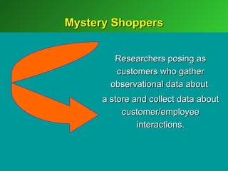 Mystery Shoppers


         Researchers posing as
         customers who gather
        observational data about
      a store and collect data about
           customer/employee
               interactions.
 