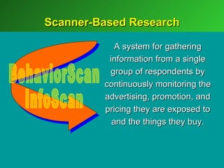 Scanner-Based Research

            A system for gathering
          information from a single
          group of respondents by
         continuously monitoring the
         advertising, promotion, and
         pricing they are exposed to
           and the things they buy.
 