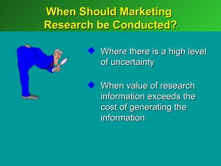 When Should Marketing
Research be Conducted?

        Where there is a high level
         of uncertainty

        When value of research
         information exceeds the
         cost of generating the
         information
 