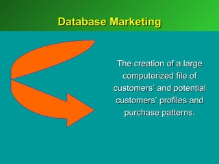 Database Marketing


          The creation of a large
            computerized file of
         customers’ and potential
          customers’ profiles and
            purchase patterns.
 