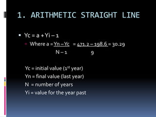 1. ARITHMETIC STRAIGHT LINE
 Yc = a +Yi – 1
 Where a =Yn –Yc = 471.2 – 198.6 = 30.29
N – 1 9
Yc = initial value (1st year)
Yn = final value (last year)
N = number of years
Yi = value for the year past
 