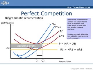 Perfect Competition Diagrammatic representation Cost/Revenue Output/Sales P = MR = AR MC AC Q1 Now assume a firm makes some form of modification to its product or gains some form of cost advantage (say a new production method). What would happen? AC1 MC1 AC1 Abnormal profit Q2 Because the model assumes perfect knowledge, the firm gains the advantage for only a short time before others copy the idea or are attracted to the industry by the existence of abnormal profit. If new firms enter the industry, supply will increase, price will fall and the firm will be left making normal profit once again. P1 = MR1 = AR1 The lower AC and MC would imply that the firm is now earning abnormal profit (AR>AC) represented by the grey area. Average and Marginal costs could be expected to be lower but price, in the short run, remains the same. 