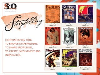 storytellingCOMMUNICATION TOOLTO ENGAGE STAKEHOLDERS, TO SHARE KNOWLEDGE,TO CREATE INVOLVEMENT AND INSPIRATION. 