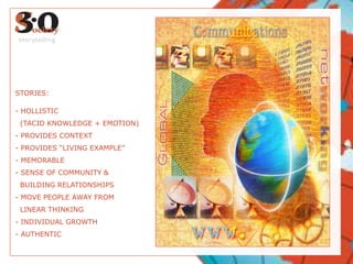 STORIES:- HOLLISTIC  (TACID KNOWLEDGE + EMOTION)- PROVIDES CONTEXT- PROVIDES “LIVING EXAMPLE”- MEMORABLE- SENSE OF COMMUNITY &  BUILDING RELATIONSHIPS- MOVE PEOPLE AWAY FROM    LINEAR THINKING- INDIVIDUAL GROWTH- AUTHENTICstorytelling