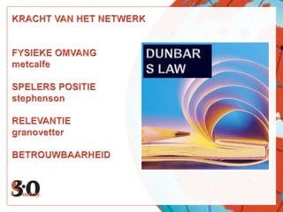 KRACHT VAN HET NETWERKFYSIEKE OMVANGmetcalfeSPELERS POSITIEstephensonRELEVANTIEgranovetterBETROUWBAARHEIDDUNBARS LAW