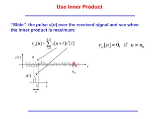 Use Inner Product
“Slide” the pulse s[n] over the received signal and see when
the inner product is maximum:
]
[
s

]
[
y

0
n
N
n





1
0
*
]
[
]
[
]
[
N
ys s
n
y
n
r



0
if
,
0
]
[ n
n
n
rys 

 