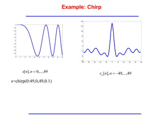 Example: Chirp
49
,...,
49
],
[ 

n
n
rss
49
,...,
0
],
[ 
n
n
s
0 5 10 15 20 25 30 35 40 45 50
-1
-0.8
-0.6
-0.4
-0.2
0
0.2
0.4
0.6
0.8
1
-50 -40 -30 -20 -10 0 10 20 30 40 50
-10
-5
0
5
10
15
20
25
30
s=chirp(0:49,0,49,0.1)
 