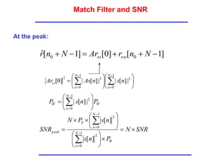 Match Filter and SNR
At the peak:
]
1
[
]
0
[
]
1
[
ˆ 0
0 




 N
n
r
Ar
N
n
r sw
ss












 





1
0
2
1
0
2
2
|
]
[
|
|
]
[
|
]
0
[
N
n
N
n
ss n
s
n
As
Ar
W
N
n
W
P
n
s
P 





 


1
0
2
|
]
[
|
SNR
N
P
n
s
n
s
P
N
SNR
W
N
n
N
n
S
peak 























1
0
2
1
0
2
]
[
]
[
 