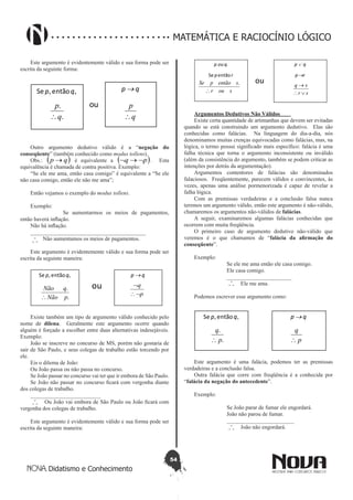 54
Didatismo e Conhecimento
MATEMÁTICA E RACIOCÍNIO LÓGICO
Este argumento é evidentemente válido e sua forma pode ser
escrita da seguinte forma:
Se p, entãoq,
.
.
q
p
∴
ou
p → q
q
p
∴
Outro argumento dedutivo válido é a “negação do
conseqüente” (também conhecido como modus tollens).
Obs.: ( )qp → é equivalente a ( )pq ¬→¬ . Esta
equivalência é chamada de contra positiva. Exemplo:
“Se ele me ama, então casa comigo” é equivalente a “Se ele
não casa comigo, então ele não me ama”;
Então vejamos o exemplo do modus tollens.
Exemplo:
		 Se aumentarmos os meios de pagamentos,
então haverá inflação.
Não há inflação.
_________________________________________
Não aumentamos os meios de pagamentos.
Este argumento é evidentemente válido e sua forma pode ser
escrita da seguinte maneira:
Se p, entãoq, p → q
.
.
pNão
qNão
∴
p
q
¬∴
¬ou
Existe também um tipo de argumento válido conhecido pelo
nome de dilena. Geralmente este argumento ocorre quando
alguém é forçado a escolher entre duas alternativas indesejáveis.
Exemplo:
João se inscreve no concurso de MS, porém não gostaria de
sair de São Paulo, e seus colegas de trabalho estão torcendo por
ele.
Eis o dilema de João:
Ou João passa ou não passa no concurso.
Se João passar no concurso vai ter que ir embora de São Paulo.
Se João não passar no concurso ficará com vergonha diante
dos colegas de trabalho.
_________________________
Ou João vai embora de São Paulo ou João ficará com
vergonha dos colegas de trabalho.
Este argumento é evidentemente válido e sua forma pode ser
escrita da seguinte maneira:
p ou q.
Se p entãor
p ∨ q
p→r
sour
sentãopSe
∴
.
sr
sq
∨∴
→
ou
	
Argumentos Dedutivos Não Válidos	
Existe certa quantidade de artimanhas que devem ser evitadas
quando se está construindo um argumento dedutivo. Elas são
conhecidas como falácias. Na linguagem do dia-a-dia, nós
denominamos muitas crenças equivocadas como falácias, mas, na
lógica, o termo possui significado mais específico: falácia é uma
falha técnica que torna o argumento inconsistente ou inválido
(além da consistência do argumento, também se podem criticar as
intenções por detrás da argumentação).
Argumentos contentores de falácias são denominados
falaciosos. Freqüentemente, parecem válidos e convincentes, às
vezes, apenas uma análise pormenorizada é capaz de revelar a
falha lógica.
Com as premissas verdadeiras e a conclusão falsa nunca
teremos um argumento válido, então este argumento é não-válido,
chamaremos os argumentos não-válidos de falácias.
A seguir, examinaremos algumas falácias conhecidas que
ocorrem com muita freqüência.
O primeiro caso de argumento dedutivo não-válido que
veremos é o que chamamos de “falácia da afirmação do
conseqüente”.
Exemplo:
		 Se ele me ama então ele casa comigo.
		 Ele casa comigo.
		 _______________________
		 Ele me ama.
Podemos escrever esse argumento como:
Se p, entãoq, p → q
.
.
p
q
∴ p
q
∴
Este argumento é uma falácia, podemos ter as premissas
verdadeiras e a conclusão falsa.
Outra falácia que corre com freqüência é a conhecida por
“falácia da negação do antecedente”.
Exemplo:
		 Se João parar de fumar ele engordará.
		 João não parou de fumar.
		 ________________________
		 João não engordará.
 