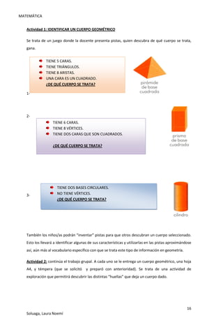 MATEMÁTICA
16
Soluaga, Laura Noemí
Actividad 1: IDENTIFICAR UN CUERPO GEOMÉTRICO
Se trata de un juego donde la docente presenta pistas, quien descubra de qué cuerpo se trata,
gana.
1-
2-
3-
También los niños/as podrán “inventar” pistas para que otros descubran un cuerpo seleccionado.
Esto los llevará a identificar algunas de sus características y utilizarlas en las pistas aproximándose
así, aún más al vocabulario específico con que se trata este tipo de información en geometría.
Actividad 2: continúa el trabajo grupal. A cada uno se le entrega un cuerpo geométrico, una hoja
A4, y témpera (que se solicitó y preparó con anterioridad). Se trata de una actividad de
exploración que permitirá descubrir las distintas “huellas” que deja un cuerpo dado.
TIENE 5 CARAS.
TIENE TRIÁNGULOS.
TIENE 8 ARISTAS.
UNA CARA ES UN CUADRADO.
¿DE QUÉ CUERPO SE TRATA?
TIENE 6 CARAS.
TIENE 8 VÉRTICES.
TIENE DOS CARAS QUE SON CUADRADOS.
¿DE QUÉ CUERPO SE TRATA?
TIENE DOS BASES CIRCULARES.
NO TIENE VÉRTICES.
¿DE QUÉ CUERPO SE TRATA?
 