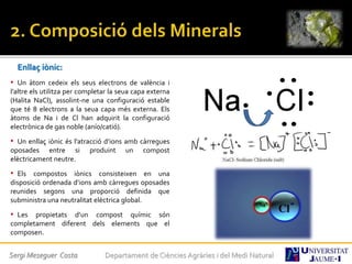 Enllaç iònic:
• Un àtom cedeix els seus electrons de valència i
l’altre els utilitza per completar la seua capa externa
(Halita NaCl), assolint-ne una configuració estable
que té 8 electrons a la seua capa més externa. Els
àtoms de Na i de Cl han adquirit la configuració
electrònica de gas noble (anío/catió).
• Un enllaç iònic és l’atracció d’ions amb càrregues
oposades entre si produint un compost
elèctricament neutre.
• Els compostos iònics consisteixen en una
disposició ordenada d’ions amb càrregues oposades
reunides segons una proporció definida que
subministra una neutralitat elèctrica global.
• Les propietats d’un compost químic són
completament diferent dels elements que el
composen.
Sergi Meseguer Costa Departament de Ciències Agràries i del Medi Natural
 