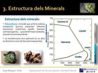 Estructura dels minerals:
• Polimorfisme: minerals que amb la mateixa
composició química presenten diferents
estructures cristal·lines (grafit/ diamant,
calcita/aragonita, quars/tridimita/cristobalita,
ortosa/microclina/sanidina).
• La transformació d’un polimorf en un altre
es denomina canvi de fase (olivina/espinela).
Sergi Meseguer Costa Departament de Ciències Agràries i del Medi Natural
 