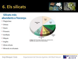 Silicats més
abundants a l’escorça:
• Plagioclasa
• Ortosa
• Quars
• Piroxens
• Amfíbols
• Miques
• Argiles
• Altres silicats
• Minerals no silicatats
Sergi Meseguer Costa Departament de Ciències Agràries i del Medi Natural
 