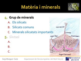 4. Grup de minerals
A. Els silicats
B. Silicats comuns
C. Minerals silicatats importants
5. Síntesi
A. Resum del capítol
B. Preguntes de repàs
C. Terminologia /Taller de premsa
Sergi Meseguer Costa Departament de Ciències Agràries i del Medi Natural
 