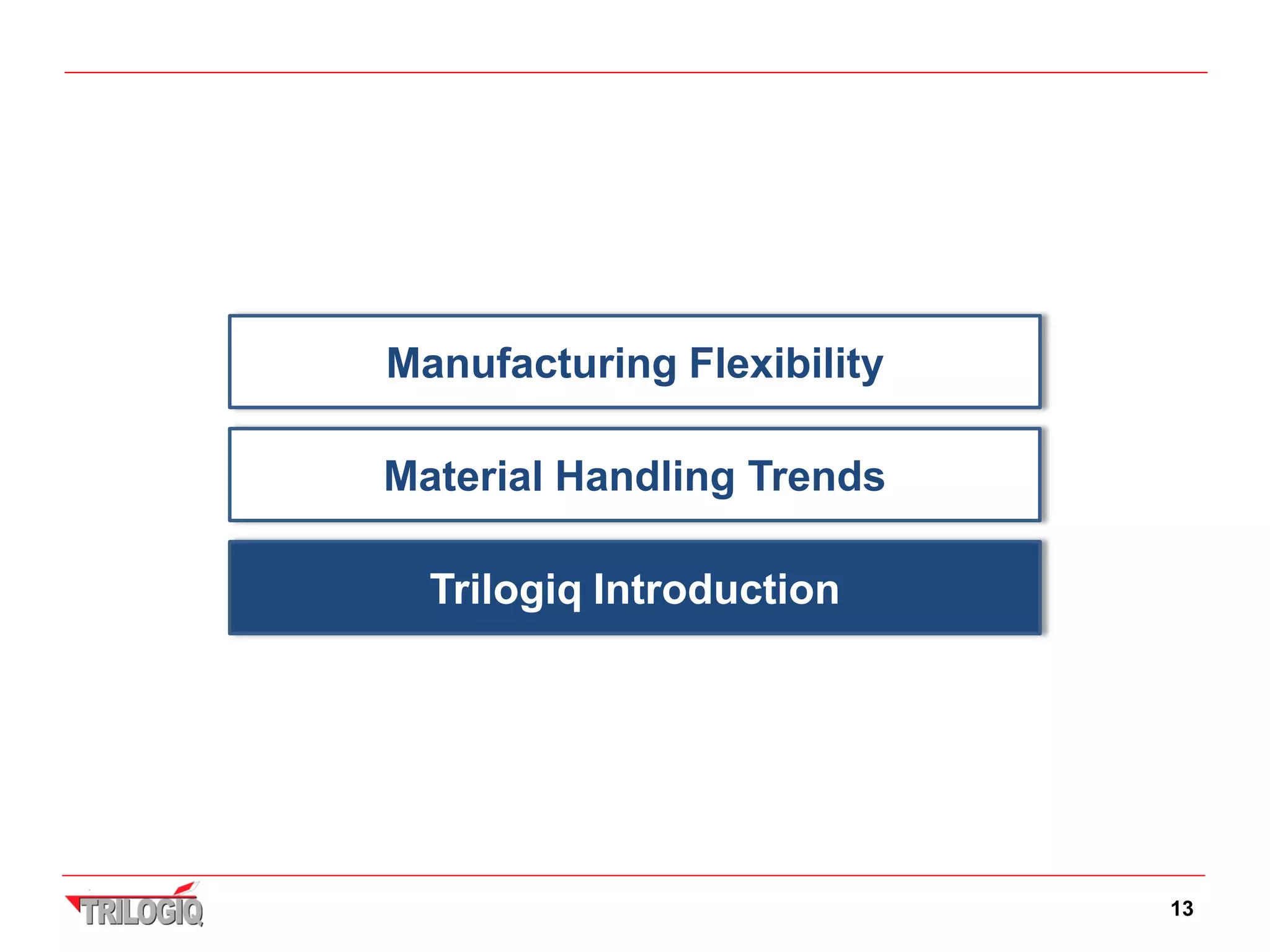 Manufacturing Flexibility

Material Handling Trends

  Trilogiq Introduction




                            13
 