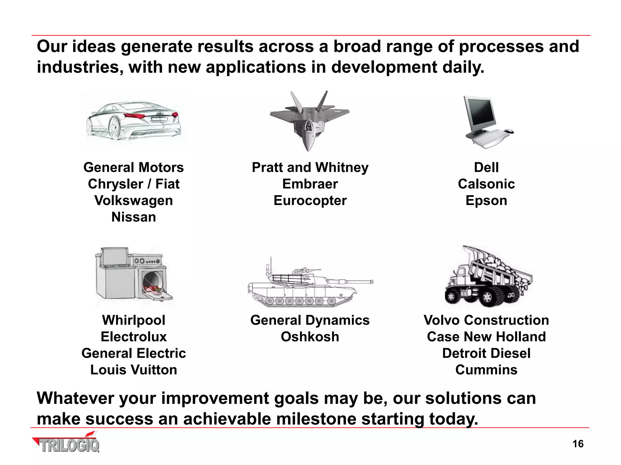 Our ideas generate results across a broad range of processes and
industries, with new applications in development daily.




     General Motors      Pratt and Whitney         Dell
     Chrysler / Fiat          Embraer            Calsonic
      Volkswagen            Eurocopter            Epson
        Nissan




       Whirlpool         General Dynamics    Volvo Construction
       Electrolux           Oshkosh          Case New Holland
     General Electric                          Detroit Diesel
      Louis Vuitton                              Cummins

Whatever your improvement goals may be, our solutions can
make success an achievable milestone starting today.
                                                                  16
 