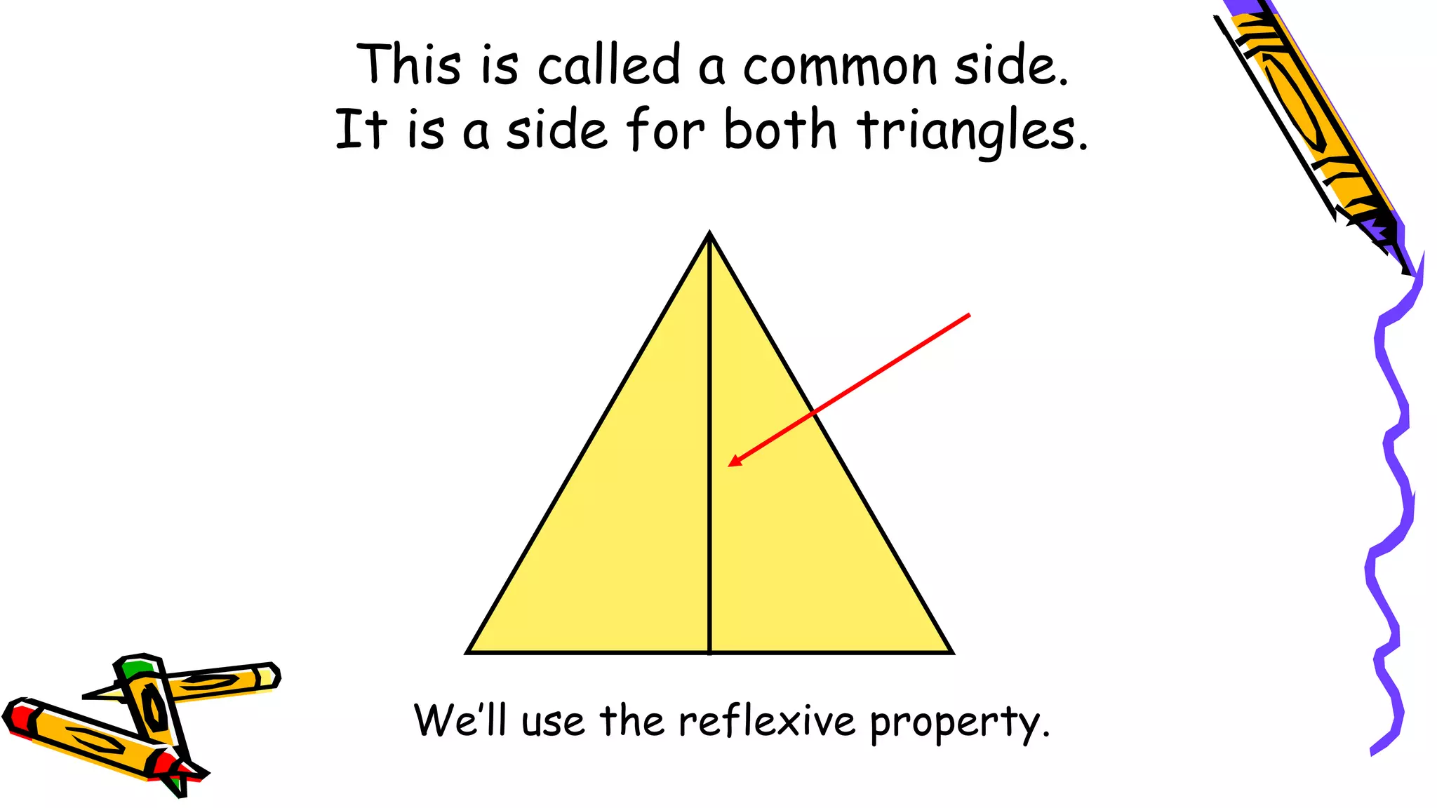 This is called a common side.
It is a side for both triangles.
We’ll use the reflexive property.
 