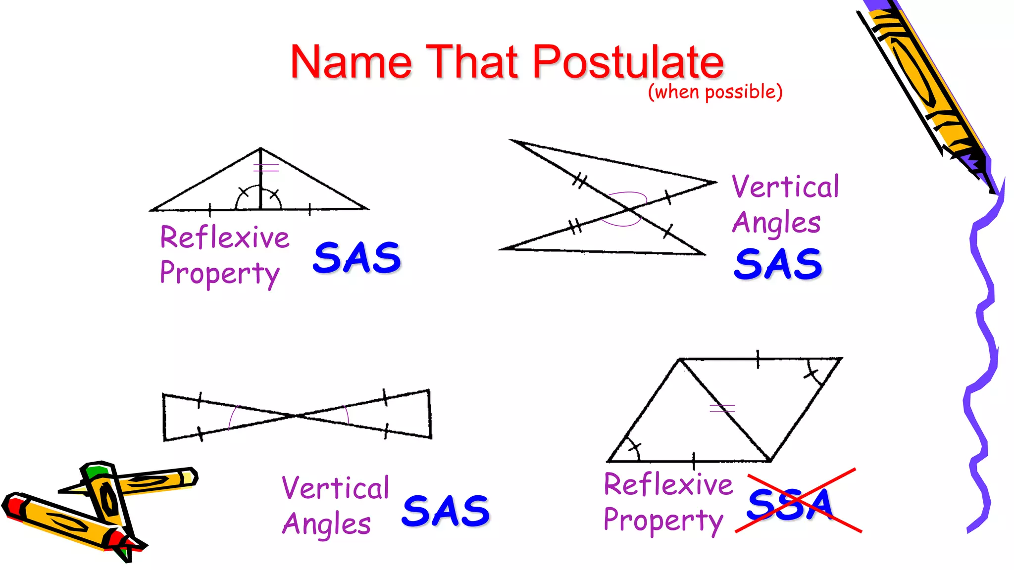 Name That Postulate
(when possible)
SAS
SAS
SAS
Reflexive
Property
Vertical
Angles
Vertical
Angles
Reflexive
Property SSA
 