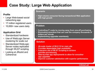 Case Study: Large Web Application 06/06/09 ©2008 Oracle Corporation  Problem Controlling IT costs by moving away from one-off purchasing Eliminating downtime that can cost the company thousands of dollars per minute Implementing upgrades seamlessly Scenario High-volume consumer-facing transactional Web application with high growth Profile Large Web-based social networking app 17 million registered users 10,000+ new users daily Application Grid Standardized hardware Use of WebLogic Server clustering for scale out Standardized WebLogic Server nodes replicated through WLST scripting Looking at JRockit and Coherence Solution 40-node cluster of WLS 10 for main site Provides dependable high availability Extensive use of WLST scripting to achieve  grid-like provisioning Side-by-side app deployments to allow for smoother  app upgrades Improve customer satisfaction with superior performance 