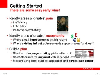 Getting Started There are some easy early wins! Identify areas of greatest  pain Inefficiency Inflexibility Performance/reliability Identify areas of greatest  opportunity Where  small improvements  get big returns Where  existing infrastructure  already supports some “gridness” Build a  plan Short term:  leverage existing  grid enablement Short-Medium term:  augment  with better grid infrastructure Medium-Long term: build out application grid  across data center $ ¥ £ € 06/06/09 ©2008 Oracle Corporation  
