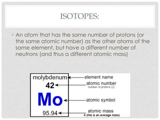 Isotopes:An atom that has the same number of protons (or the same atomic number) as the other atoms of the same element, but have a different number of neutrons (and thus a different atomic mass)