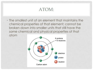 Atom:The smallest unit of an element that maintains the chemical properties of that element; cannot be broken down into smaller units that still have the same chemical and physical properties of that atom