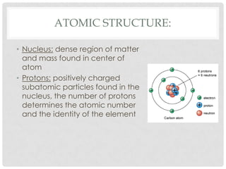 Atomic Structure:Nucleus: dense region of matter and mass found in center of atomProtons: positively charged subatomic particles found in the nucleus, the number of protons determines the atomic number and the identity of the element