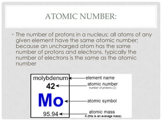 Atomic Number:The number of protons in a nucleus; all atoms of any given element have the same atomic number; because an uncharged atom has the same number of protons and electrons, typically the number of electrons is the same as the atomic number