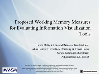 Proposed Working Memory Measures for Evaluating Information Visualization Tools Laura Matzen, Laura McNamara, Kerstan Cole,  Alisa Bandlow, Courtney Dornburg & Travis Bauer Sandia National Laboratories Albuquerque, NM 87185 This work was funded by Sandia’s Laboratory Research and Development Program as part of the  Networks Grand Challenge (10-119351).  Sandia National Laboratories is a multi-program laboratory operated by Sandia Corporation, a wholly owned subsidiary of Lockheed Martin company, for the U.S. Department of Energy’s National Nuclear Security Administration under contract DE-AC04-94AL85000. 