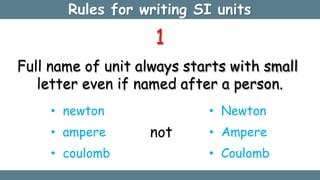 Rules for writing SI units
1
Full name of unit always starts with small
letter even if named after a person.
• newton
• ampere
• coulomb
not
• Newton
• Ampere
• Coulomb
 