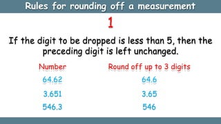 Rules for rounding off a measurement
1
If the digit to be dropped is less than 5, then the
preceding digit is left unchanged.
Number
64.62
3.651
546.3
Round off up to 3 digits
64.6
3.65
546
 