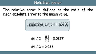 Relative error
The relative error is defined as the ratio of the
mean absolute error to the mean value.
relative error = ∆X
̅ / X
̅
∆
X
̅ / X
̅ = 0.1 = 0.0277
3.6
∆
X
̅ / X
̅ = 0.028
 