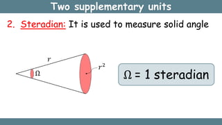 Two supplementary units
2. Steradian: It is used to measure solid angle
Ω = 1 steradian
 