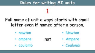 Rules for writing SI units
1
Full name of unit always starts with small
letter even if named after a person.
• newton
• ampere
• coulomb
not
• Newton
• Ampere
• Coulomb
 