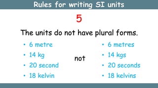 Rules for writing SI units
5
The units do not have plural forms.
• 6 metre
• 14 kg
• 20 second
• 18 kelvin
not
• 6 metres
• 14 kgs
• 20 seconds
• 18 kelvins
 