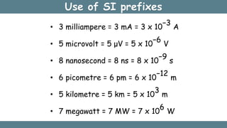 • 3 milliampere = 3 mA = 3 x 10
−3
A
• 5 microvolt = 5 μV = 5 x 10
−6
V
• 8 nanosecond = 8 ns = 8 x 10
−9
s
• 6 picometre = 6 pm = 6 x 10
−12
m
• 5 kilometre = 5 km = 5 x 10
3
m
• 7 megawatt = 7 MW = 7 x 10
6
W
Use of SI prefixes
 