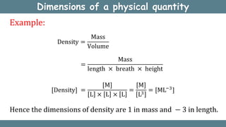 =
Mass
length × breath × height
[Density] =
[M]
L × L × L
=
[M]
L3
= [ML−3
]
Dimensions of a physical quantity
Density =
Mass
Volume
Example:
Hence the dimensions of density are 1 in mass and − 3 in length.
 