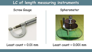 LC of length measuring instruments
Screw Gauge
Least count = 0.01 mm
Spherometer
Least count = 0.001 mm
 