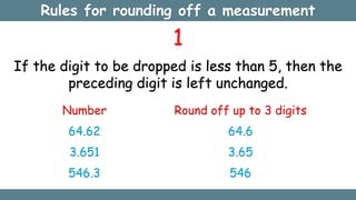 Rules for rounding off a measurement
1
If the digit to be dropped is less than 5, then the
preceding digit is left unchanged.
Number
64.62
3.651
546.3
Round off up to 3 digits
64.6
3.65
546
 