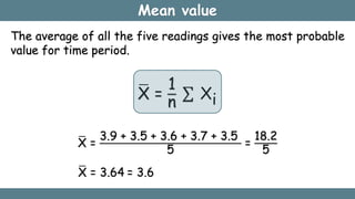 Mean value
The average of all the five readings gives the most probable
value for time period.
X =
1
n
Xi
X =
3.9 + 3.5 + 3.6 + 3.7 + 3.5
5
=
18.2
5
X = 3.64 = 3.6
 