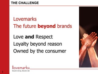 Lovemarks  The future  beyond  brands  Love  and  Respect  Loyalty beyond reason  Owned by the consumer 3 THE CHALLENGE 