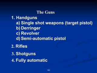 The Guns
1. Handguns
a) Single shot weapons (target pistol)
b) Derringer
c) Revolver
d) Semi-automatic pistol
2. Rifles
3. Shotguns
4. Fully automatic
100
 
